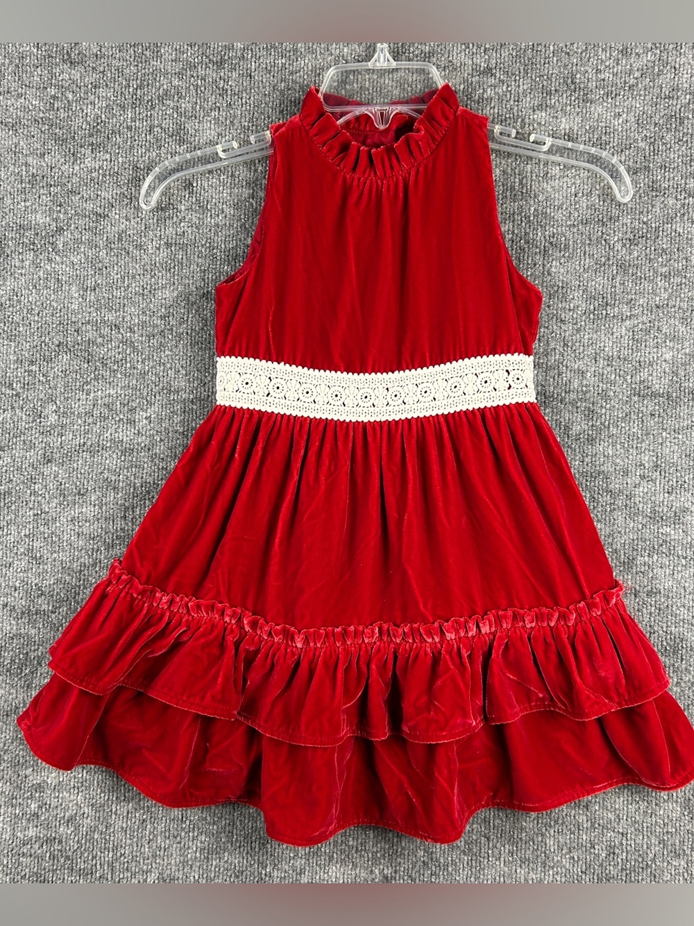 Janie and Jack Girls Size 5 Red Velvet Crochet Trim Tiered Holiday Party Dress
